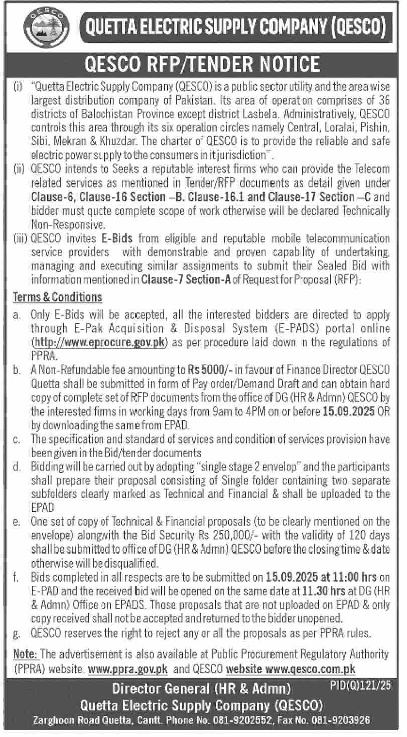 QUESCO Quetta Tender Notice